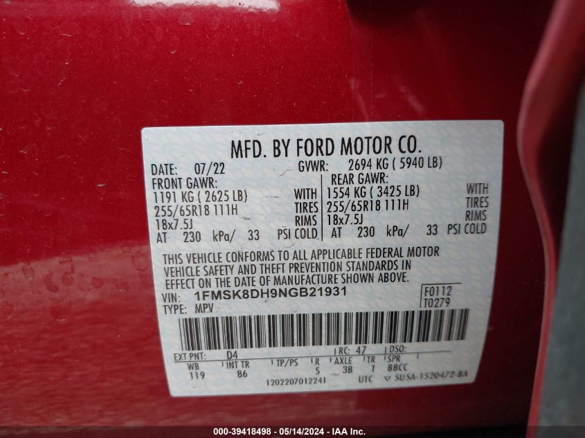 2022 Ford Explorer Xlt VIN: 1FMSK8DH9NGB21931 Lot: 39418498