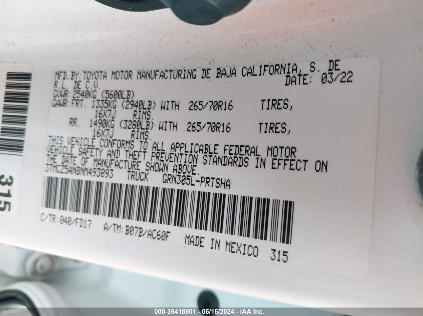 2022 Toyota Tacoma Trd Off Road VIN: 3TMCZ5AN8NM493893 Lot: 39418501