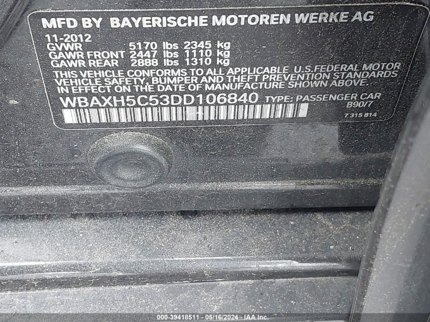 2013 BMW 528I xDrive VIN: WBAXH5C53DD106840 Lot: 39418511