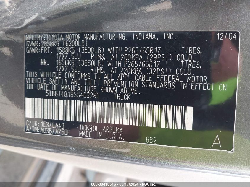 2005 Toyota Tundra Limited V8 VIN: 5TBBT48185S463280 Lot: 39418516