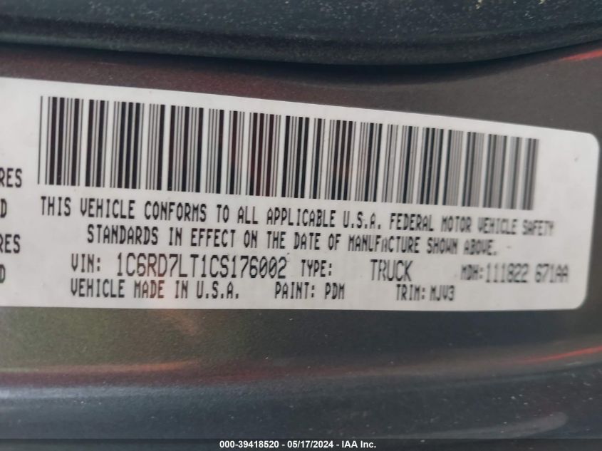 2012 Ram 1500 Slt VIN: 1C6RD7LT1CS176002 Lot: 39418520