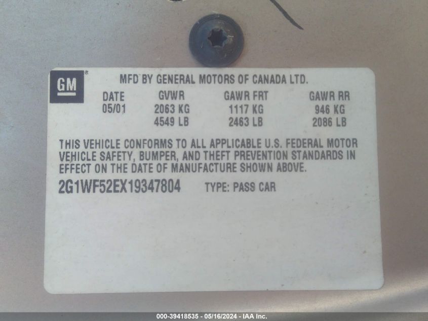 2001 Chevrolet Impala VIN: 2G1WF52EX19347804 Lot: 39418535