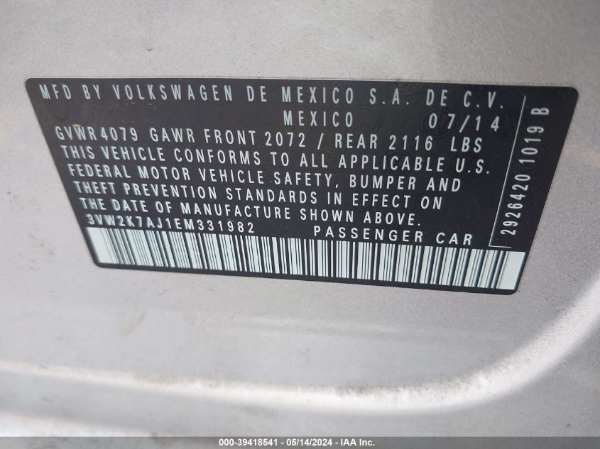 2014 VOLKSWAGEN JETTA S - 3VW2K7AJ1EM331982