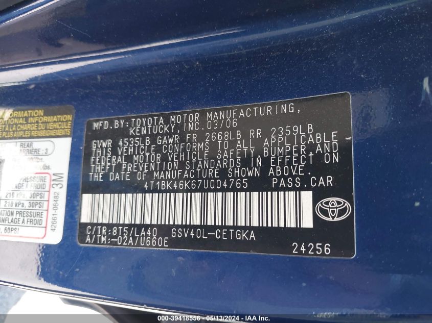 2007 Toyota Camry Xle V6 VIN: 4T1BK46K67U004765 Lot: 39418556