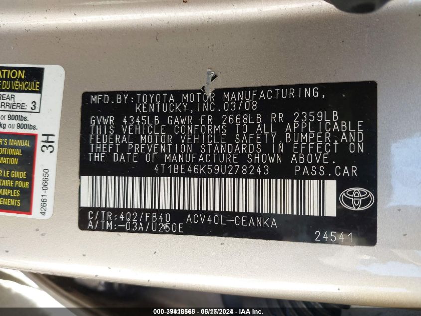 2009 Toyota Camry Le VIN: 4T1BE46K59U278243 Lot: 39418568