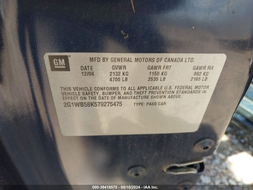2007 Chevrolet Impala Ls VIN: 2G1WB58K579275475 Lot: 39418570
