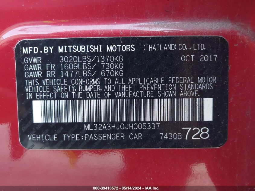 ML32A3HJ0JH005337 2018 Mitsubishi Mirage Es