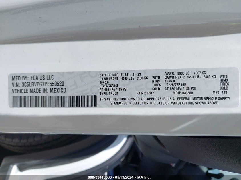 VIN 3C6LRVPG7PE550520 2023 RAM PROMASTER 2500 WINDOW VAN HIGH ROOF 159 WB