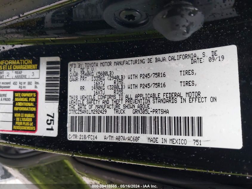 2020 Toyota Tacoma Sr5 V6 VIN: 3TMCZ5AN1LM292429 Lot: 39418585