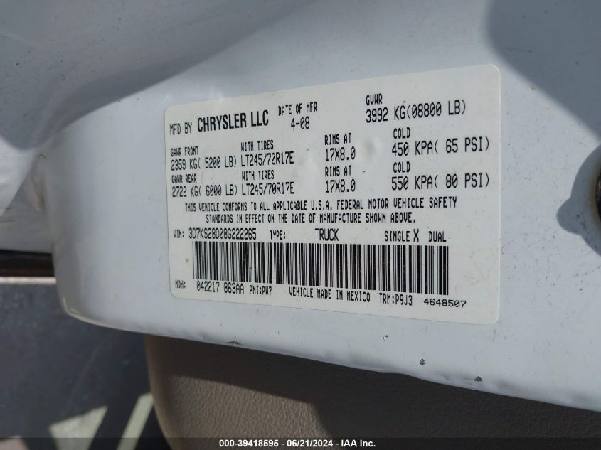 2008 Dodge Ram 2500 St/Sxt VIN: 3D7KS28D08G222265 Lot: 39418595
