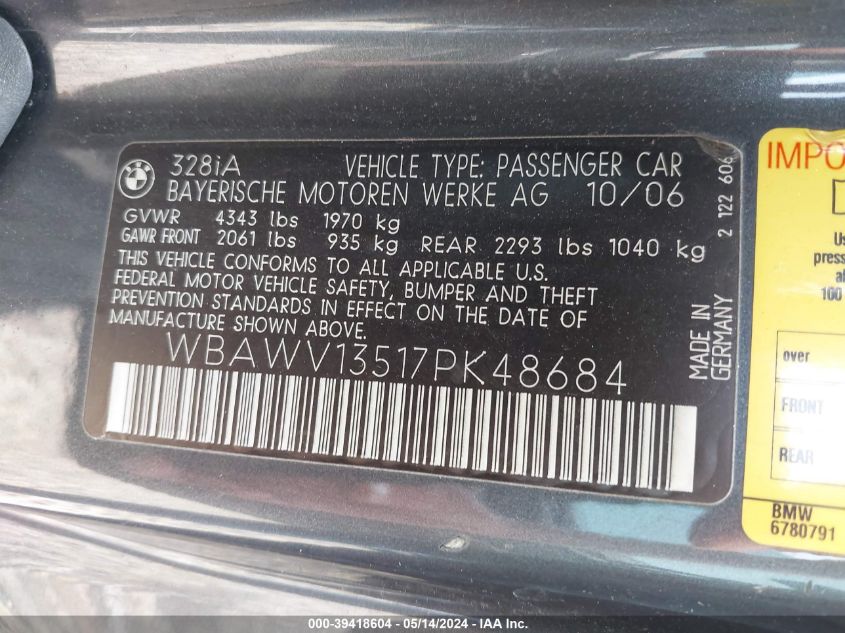 2007 BMW 328I VIN: WBAWV13517PK48684 Lot: 39418604