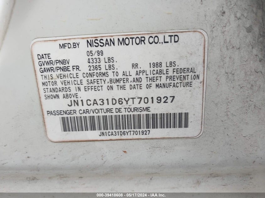 2000 Nissan Maxima Gle/Gxe/Se VIN: JN1CA31D6YT701927 Lot: 39418608