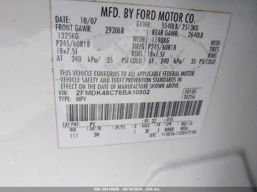 2008 Ford Edge Sel VIN: 2FMDK48C78BA10502 Lot: 39418609