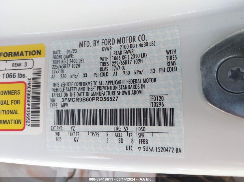 2023 Ford Bronco Sport Big Bend VIN: 3FMCR9B60PRD56527 Lot: 39418611