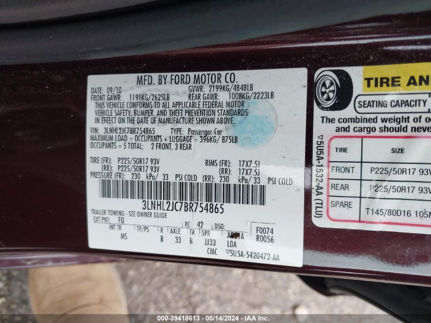 2011 Lincoln Mkz VIN: 3LNHL2JC7BR754865 Lot: 39418613