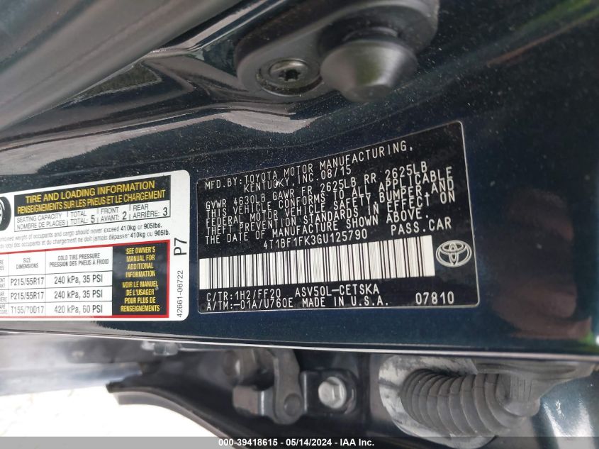 2016 Toyota Camry Se VIN: 4T1BF1FK3GU125790 Lot: 39418615