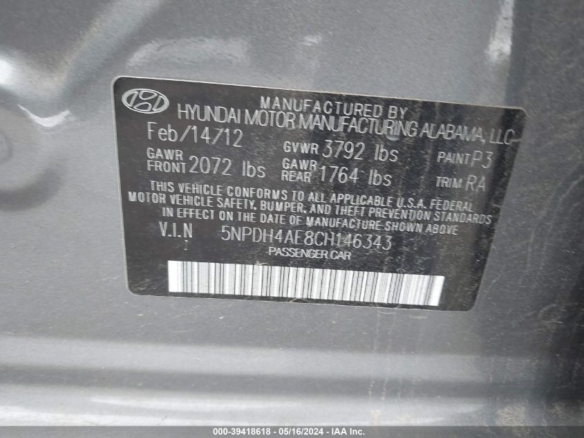 2012 Hyundai Elantra Limited VIN: 5NPDH4AE8CH146343 Lot: 39418618