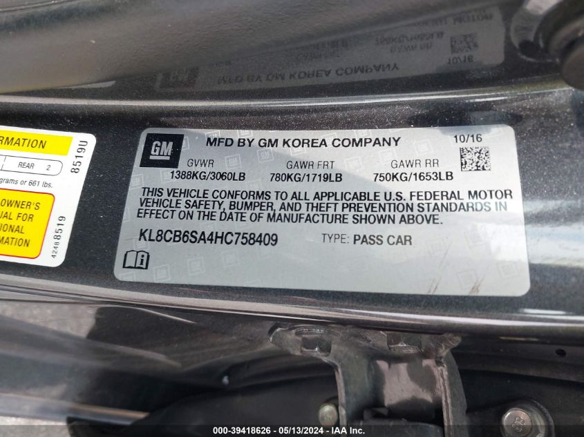 2017 CHEVROLET SPARK LS CVT - KL8CB6SA4HC758409