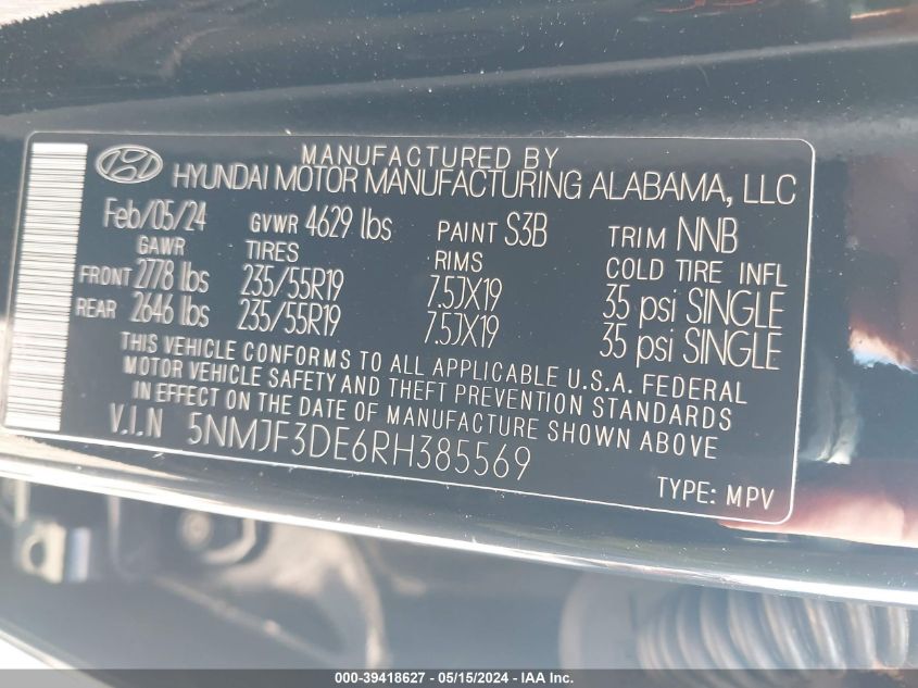 2024 Hyundai Tucson Sel VIN: 5NMJF3DE6RH385569 Lot: 39418627