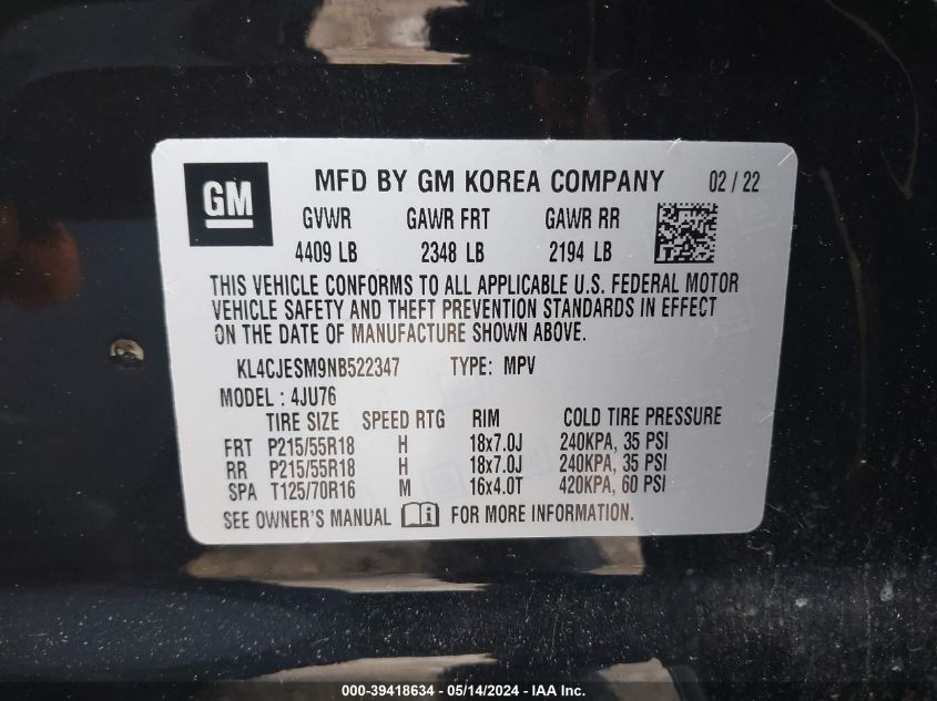 VIN KL4CJESM9NB522347 2022 BUICK ENCORE PREFERRED