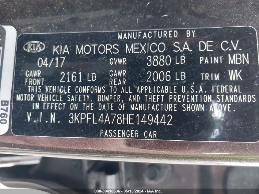 2017 Kia Forte Lx VIN: 3KPFL4A78HE149442 Lot: 39418636