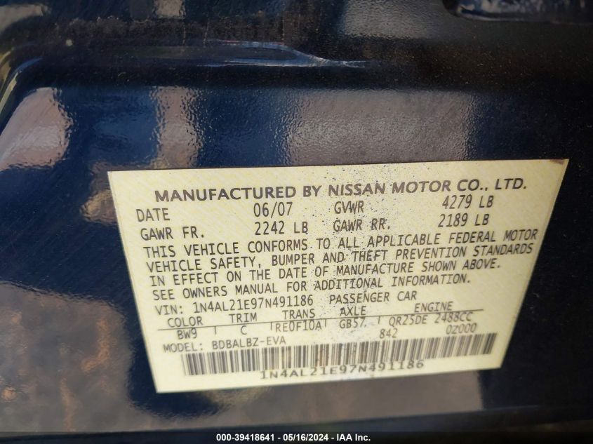 2007 Nissan Altima 2.5 S VIN: 1N4AL21E97N491186 Lot: 39418641