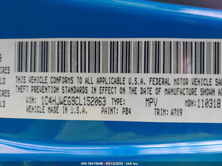 2012 Jeep Wrangler Unlimited Sahara VIN: 1C4HJWEG9CL152063 Lot: 39418646