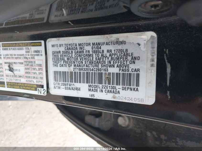 2004 Toyota Corolla Le VIN: 2T1BR32E54C280163 Lot: 39418658