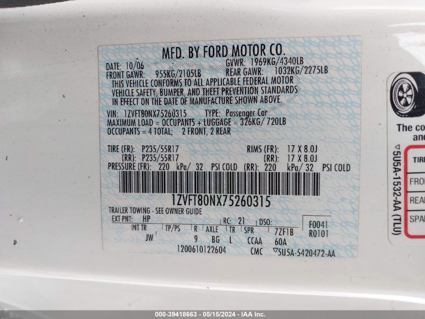 2007 Ford Mustang V6 Deluxe/V6 Premium VIN: 1ZVFT80NX75260315 Lot: 39418663