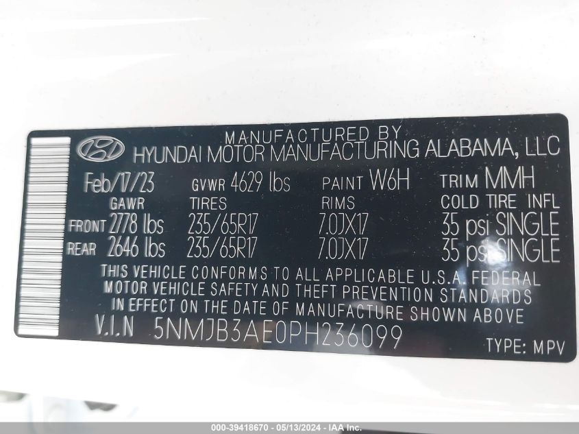 2023 Hyundai Tucson Sel VIN: 5NMJB3AE0PH236099 Lot: 39418670