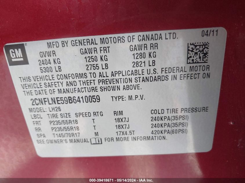 2011 Chevrolet Equinox 2Lt VIN: 2CNFLNE59B6410059 Lot: 39418671