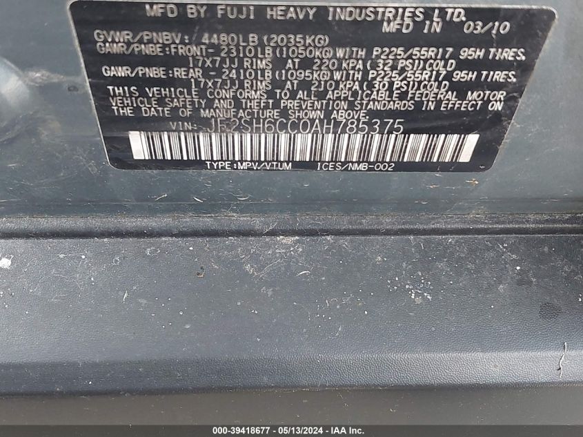 2010 Subaru Forester 2.5X Premium VIN: JF2SH6CC0AH785375 Lot: 39418677