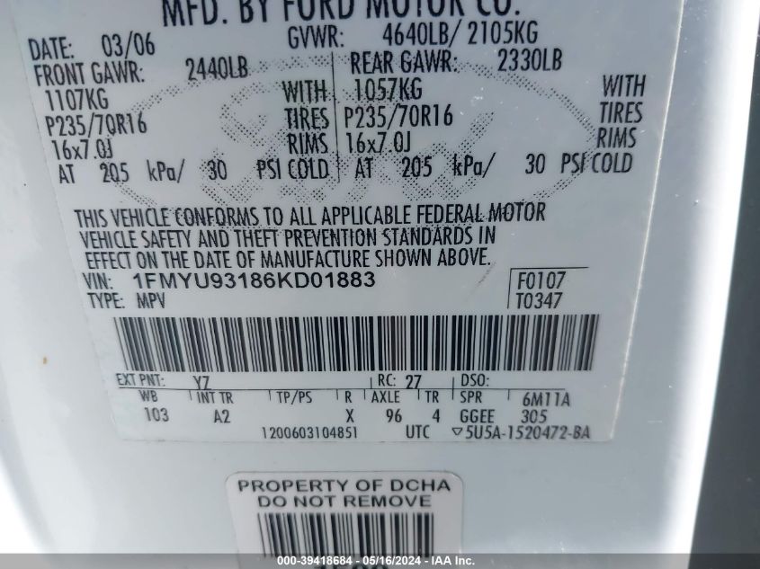 2006 Ford Escape Xlt/Xlt Sport VIN: 1FMYU93186KD01883 Lot: 39418684