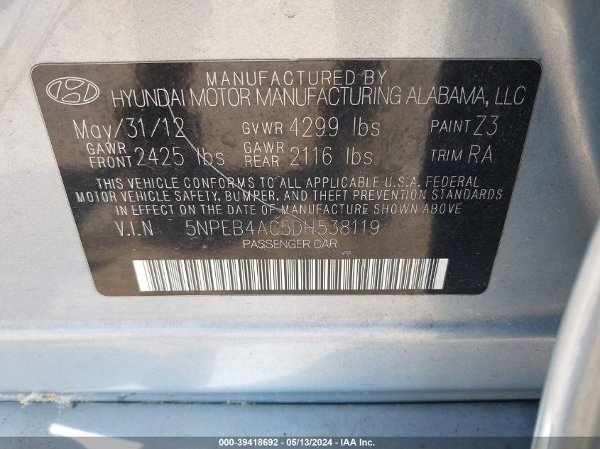 2013 Hyundai Sonata Gls VIN: 5NPEB4AC5DH538119 Lot: 39418692