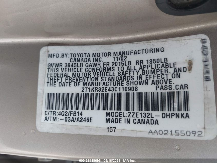 2T1KR32E43C110908 2003 Toyota Matrix Xr