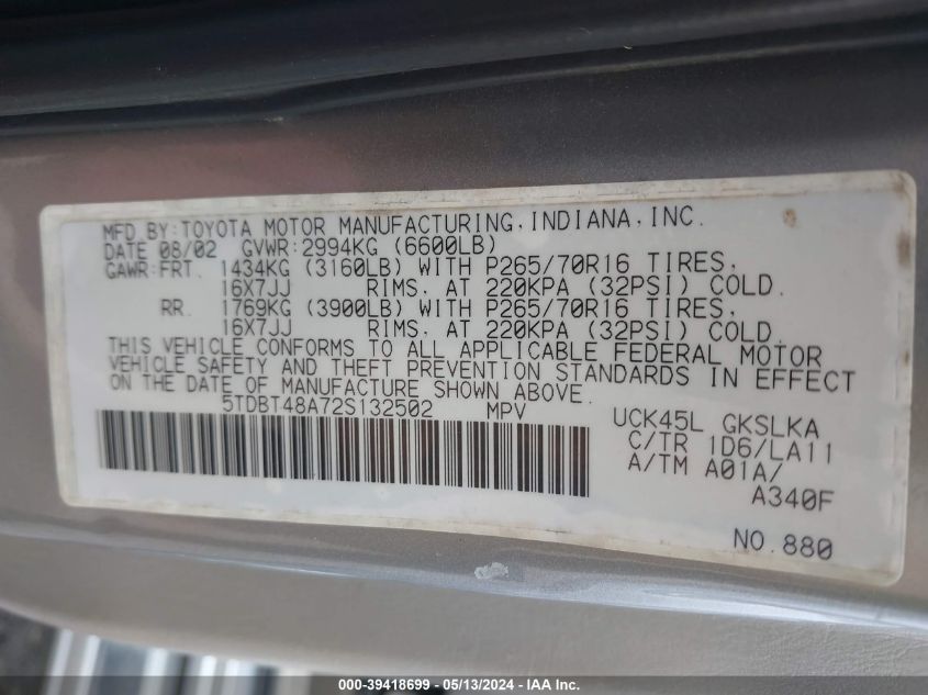 2002 Toyota Sequoia Limited V8 VIN: 5TDBT48A72S132502 Lot: 39418699