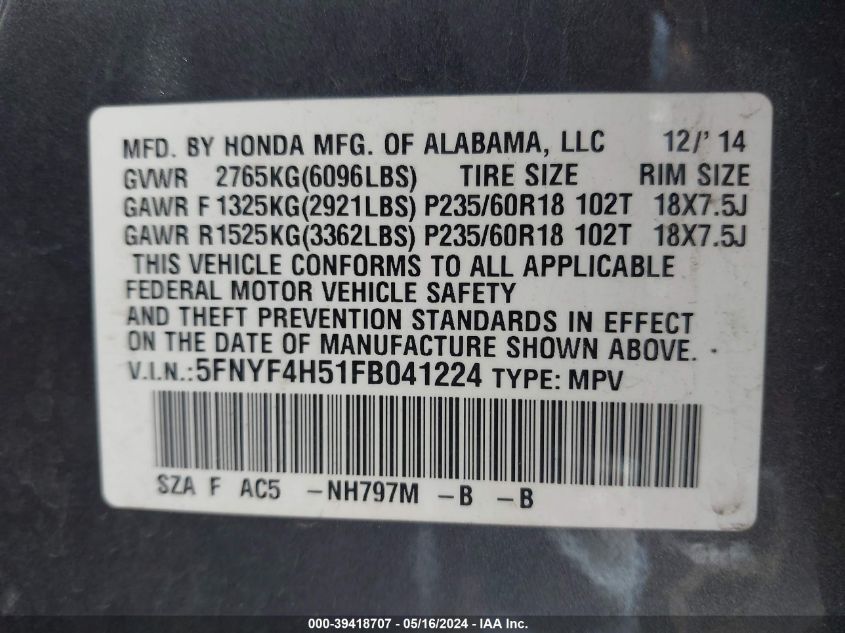 2015 Honda Pilot Ex-L VIN: 5FNYF4H51FB041224 Lot: 39418707