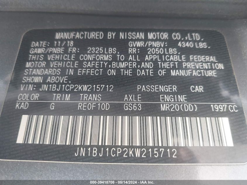 2019 Nissan Rogue Sport S VIN: JN1BJ1CP2KW215712 Lot: 39418708