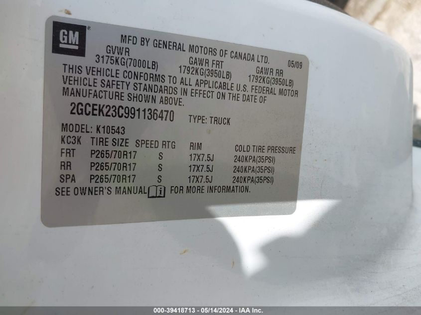 2009 Chevrolet Silverado 1500 Lt VIN: 2GCEK23C991136470 Lot: 39418713