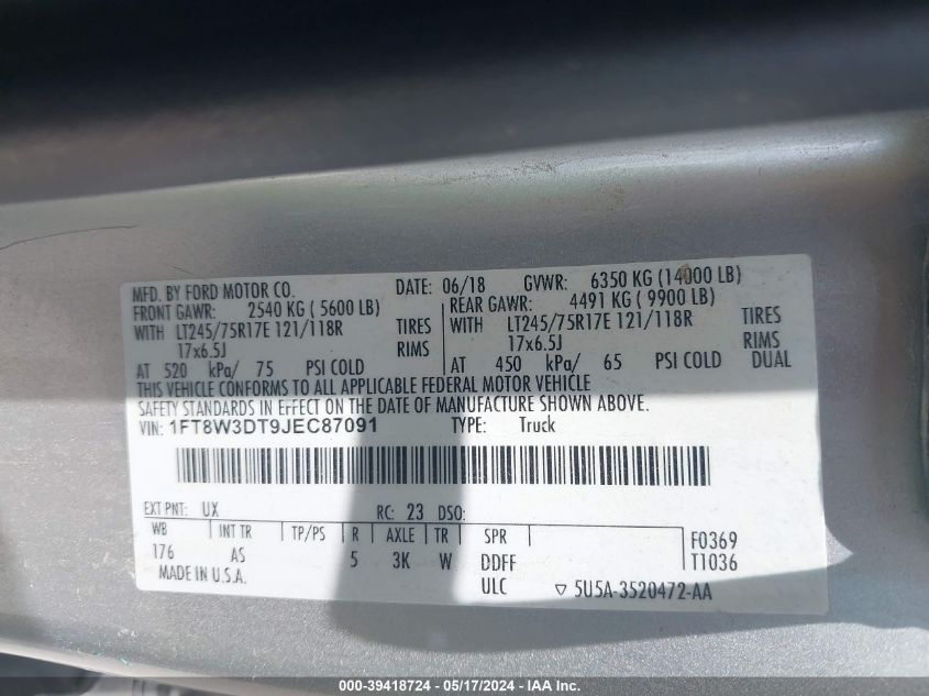 2018 Ford F-350 Xl VIN: 1FT8W3DT9JEC87091 Lot: 39418724