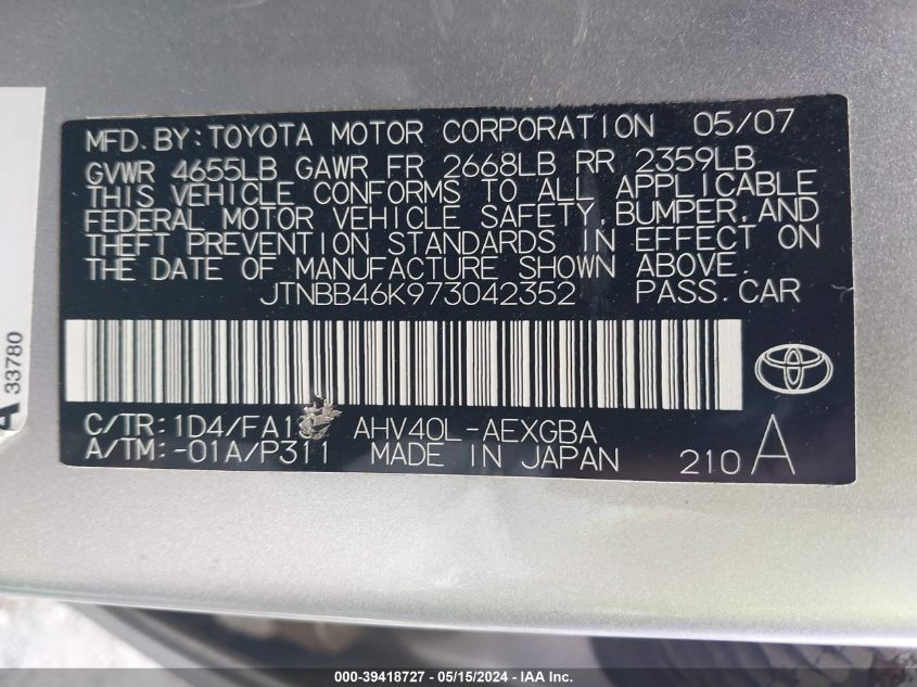 2007 Toyota Camry Hybrid VIN: JTNBB46K973042352 Lot: 39418727