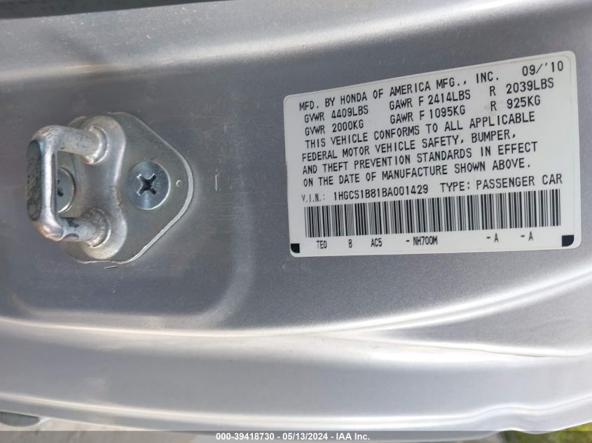 2011 Honda Accord 2.4 Ex-L VIN: 1HGCS1B81BA001429 Lot: 39418730