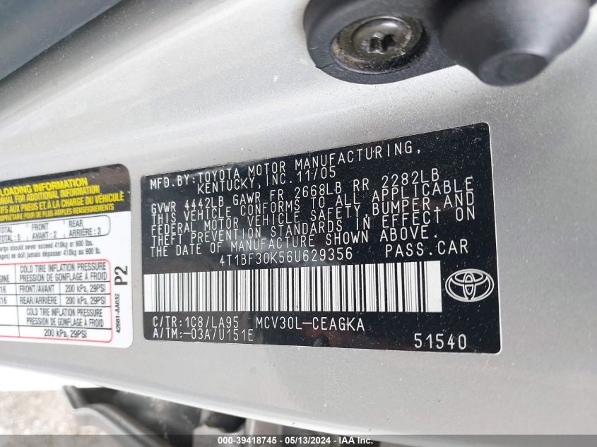 2006 Toyota Camry Xle V6 VIN: 4T1BF30K56U629356 Lot: 39418745