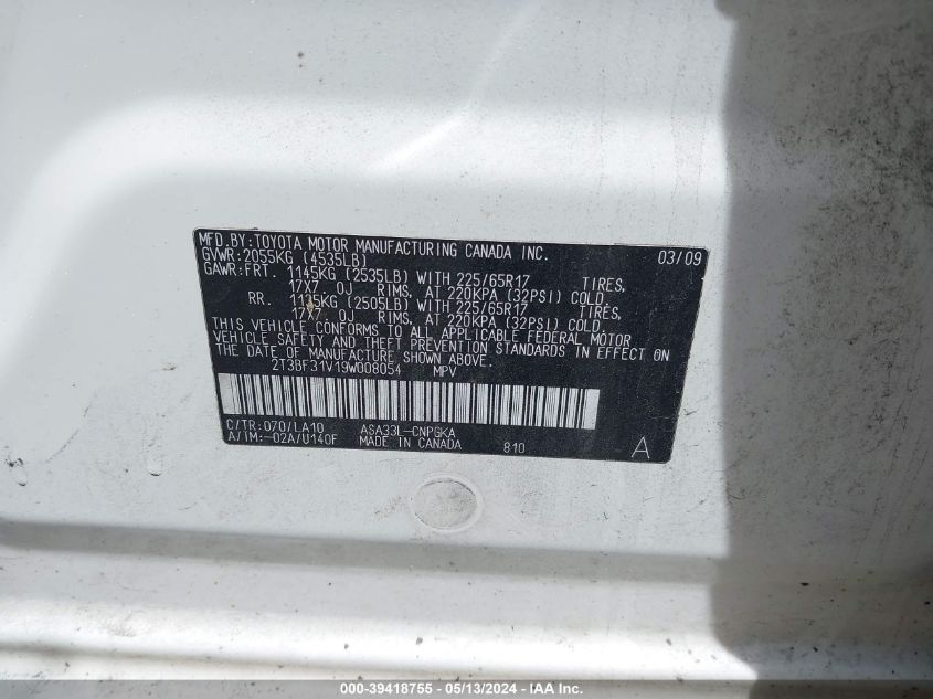 2009 Toyota Rav4 Limited VIN: 2T3BF31V19W008054 Lot: 39418755