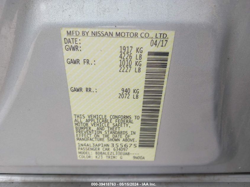 2017 Nissan Altima 2.5 S VIN: 1N4AL3AP1HN355675 Lot: 39418763