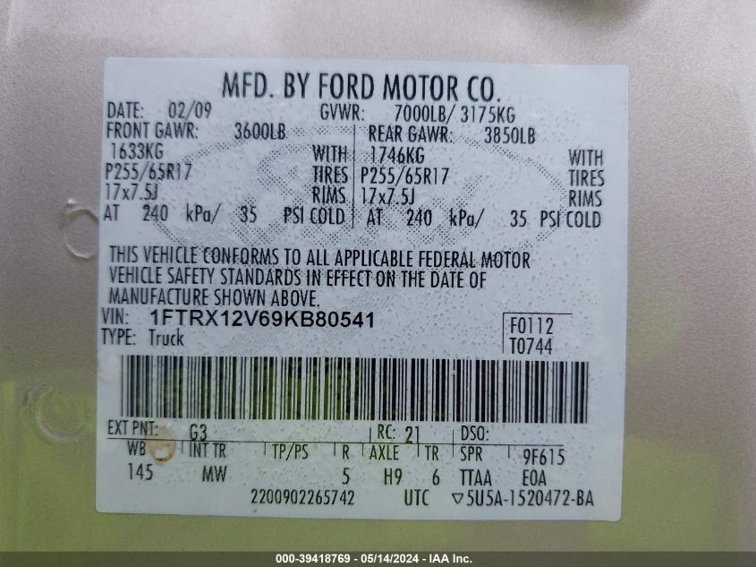 2009 Ford F-150 Super Cab VIN: 1FTRX12V69KB80541 Lot: 39418769