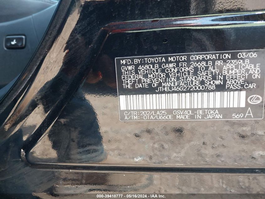 2007 Lexus Es 350 VIN: JTHBJ46G272000788 Lot: 39418777