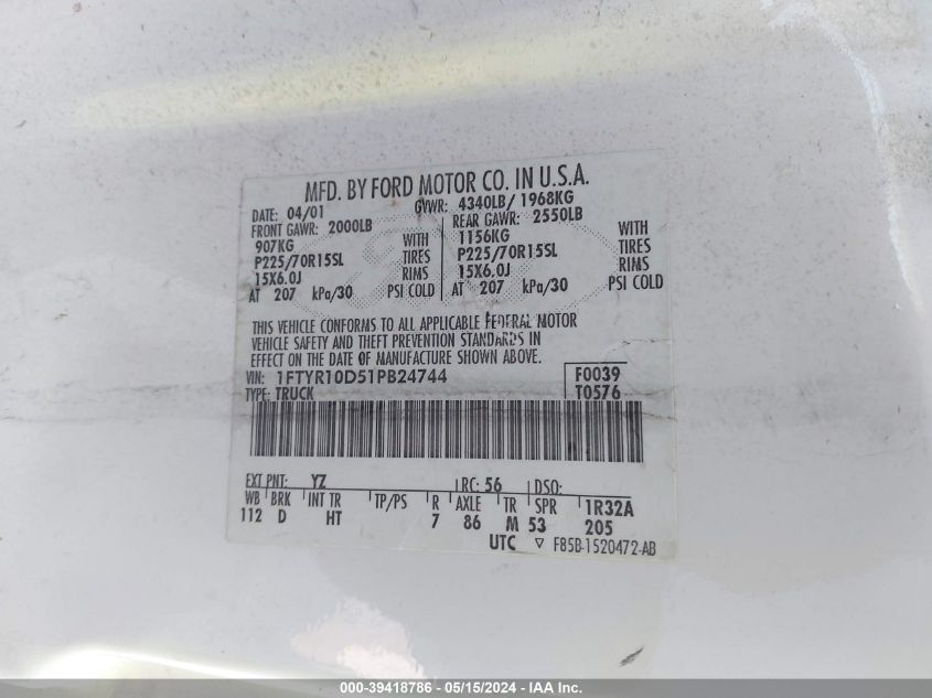 2001 Ford Ranger Xl/Xlt VIN: 1FTYR10D51PB24744 Lot: 39418786