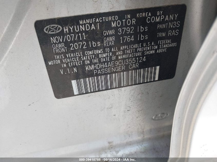 2012 Hyundai Elantra Limited (Ulsan Plant) VIN: KMHDH4AE9CU355124 Lot: 39418788