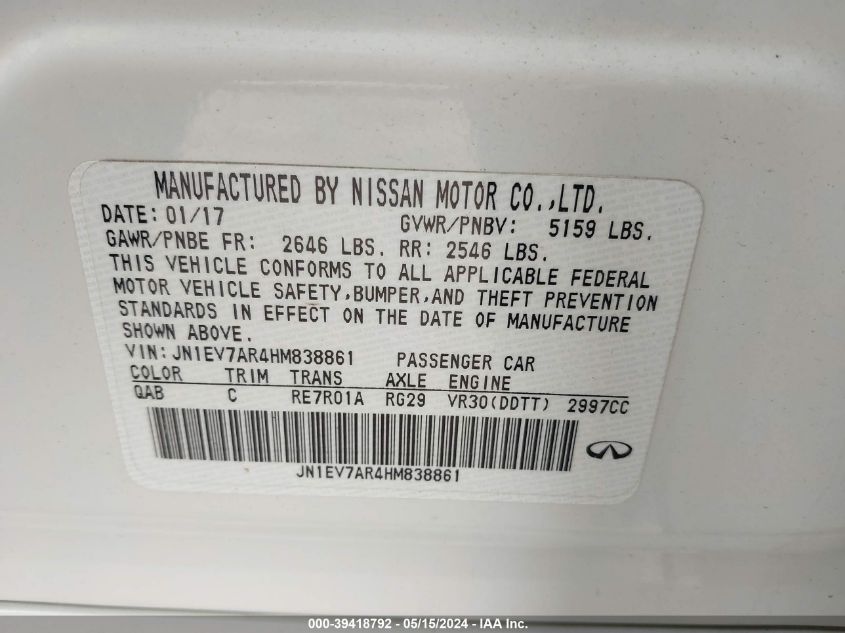 2017 Infiniti Q50 3.0T Signature Edition VIN: JN1EV7AR4HM838861 Lot: 39418792